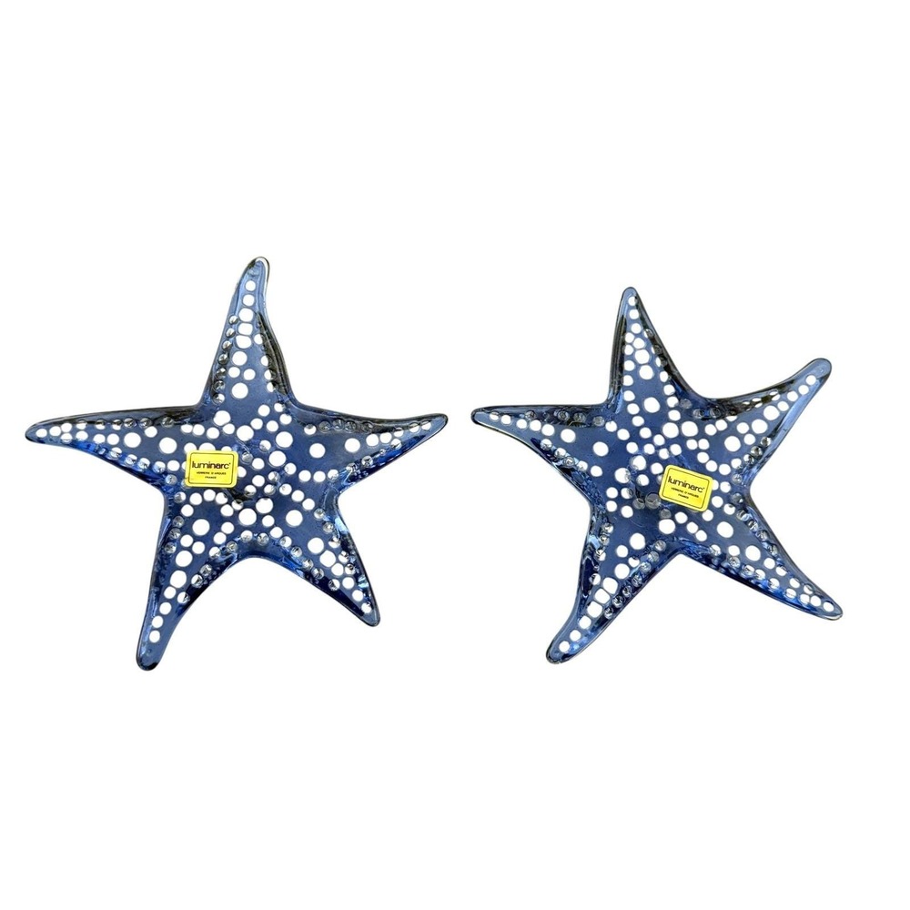 Starfish Candle Holders Blue Glass Luminarc France Vintage Pair Coastal Beach - Picture 4 of 5